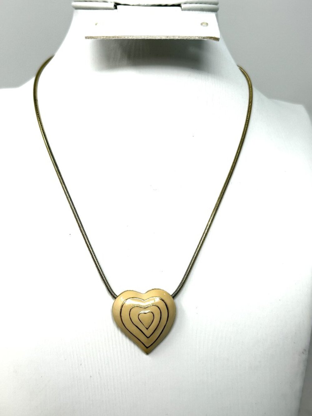Vintage Monet Enameled Heart Pendant Necklace Gold Tone Snake Chain Signed